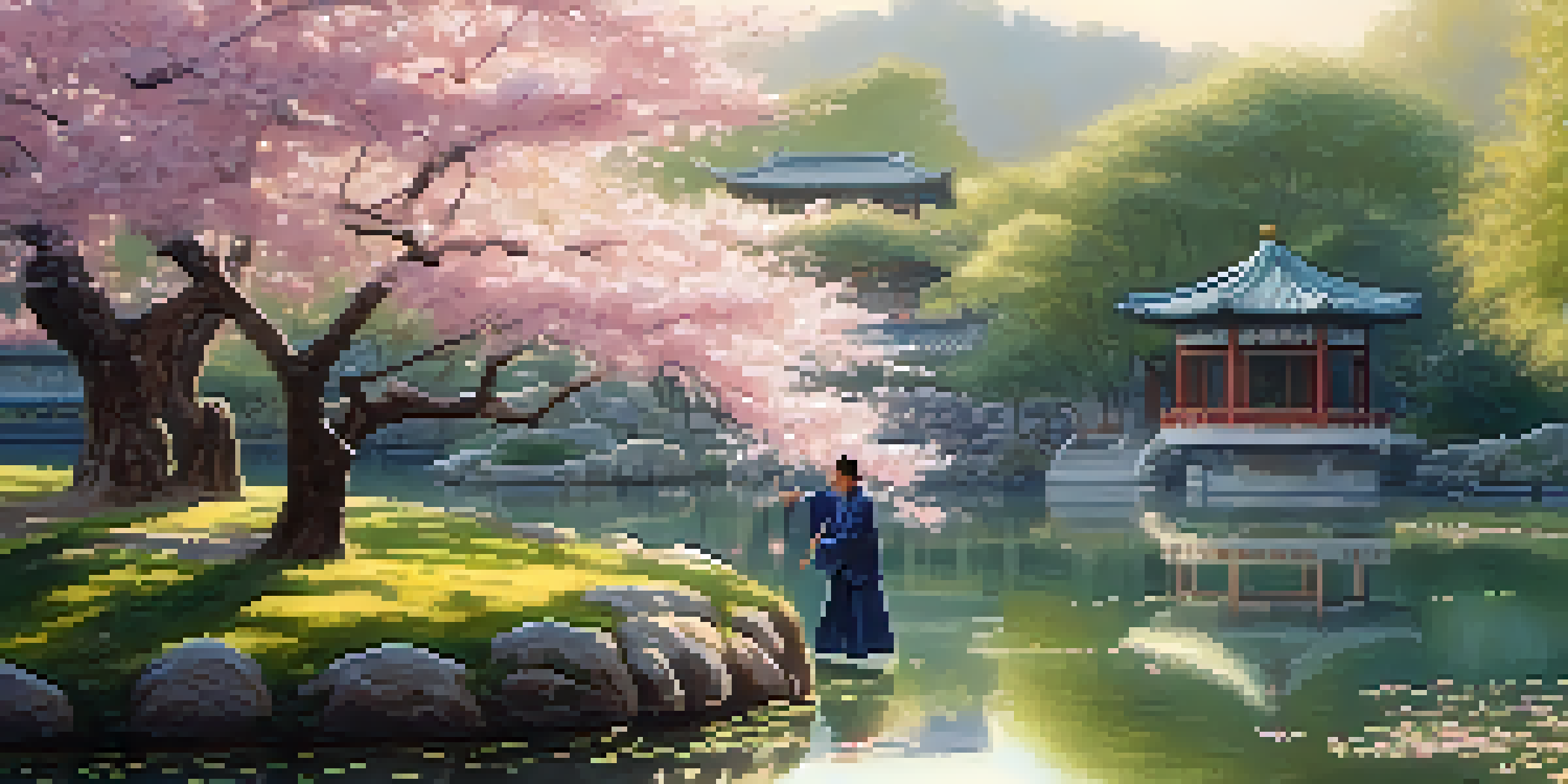 A practitioner performing Tai Chi in a peaceful Chinese garden with cherry blossoms and a calm pond at dawn.