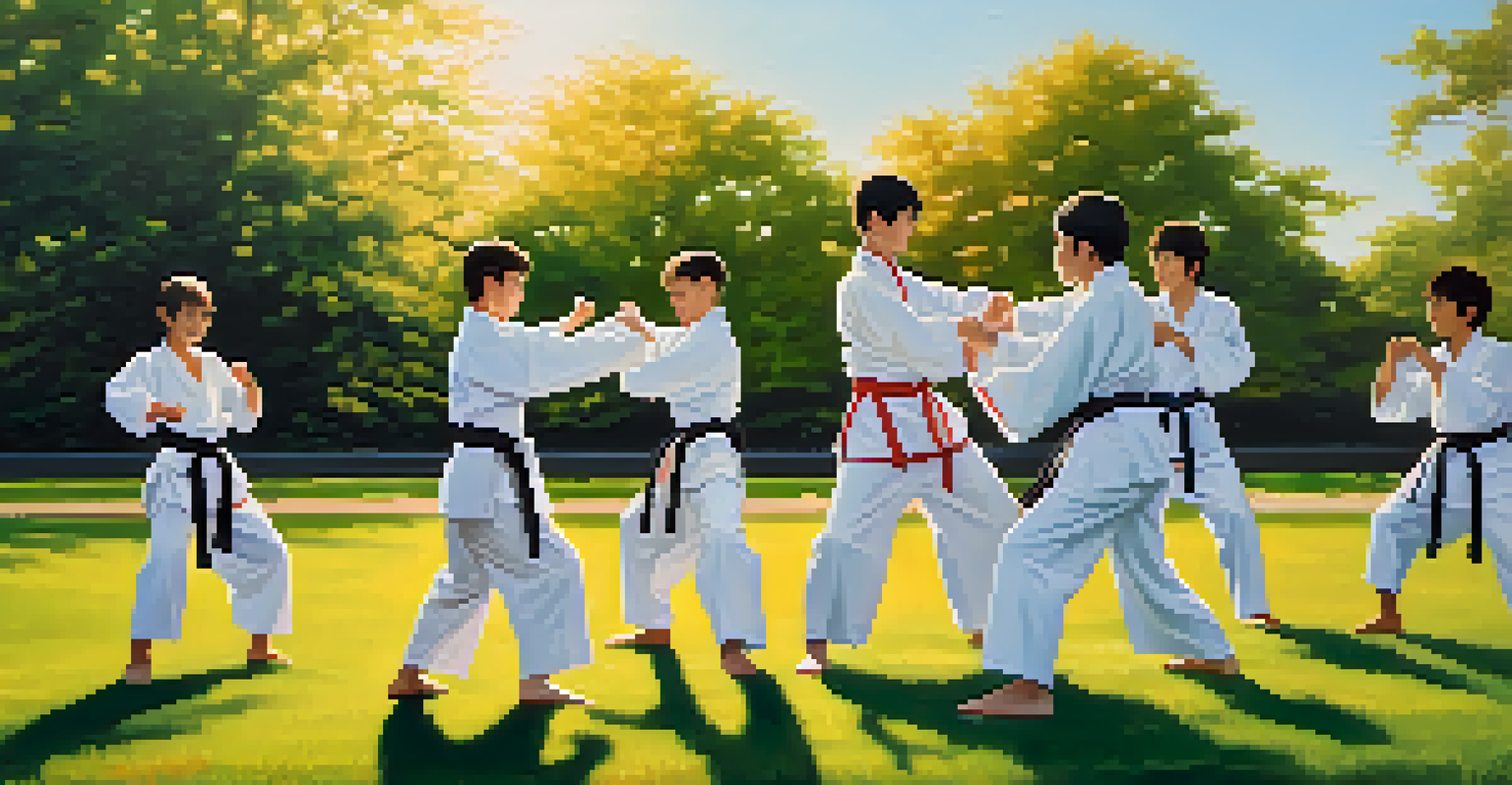 Teenagers having fun while practicing martial arts in a sunny park.