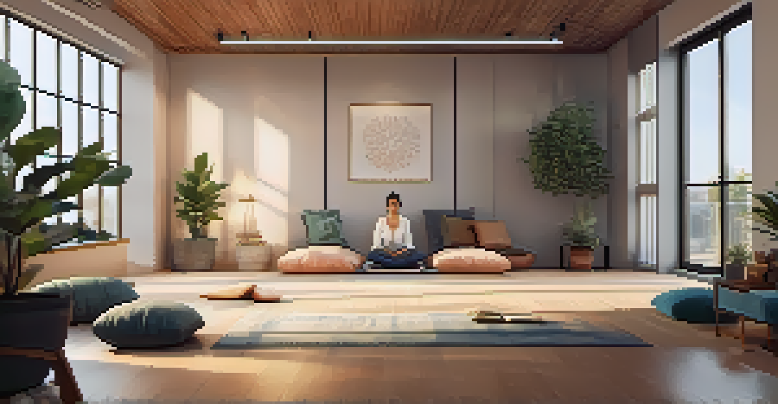 A cozy meditation room with soft cushions and warm lighting, featuring a person meditating cross-legged on the floor.