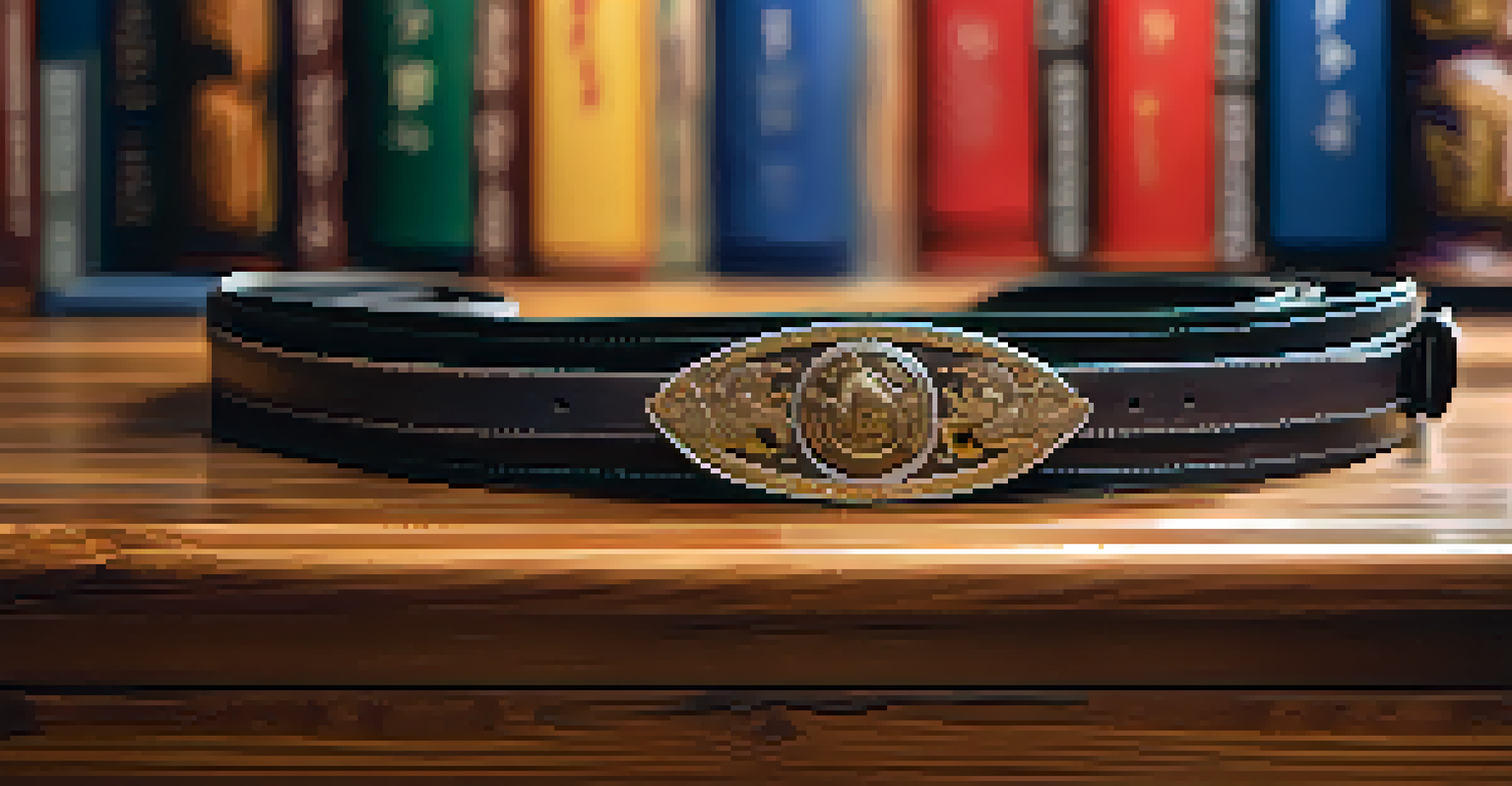 A close-up of a martial arts belt resting on a wooden table, symbolizing achievement and dedication.