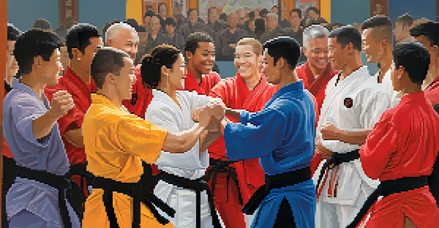 A diverse group of martial artists celebrating together, showing support and community spirit.