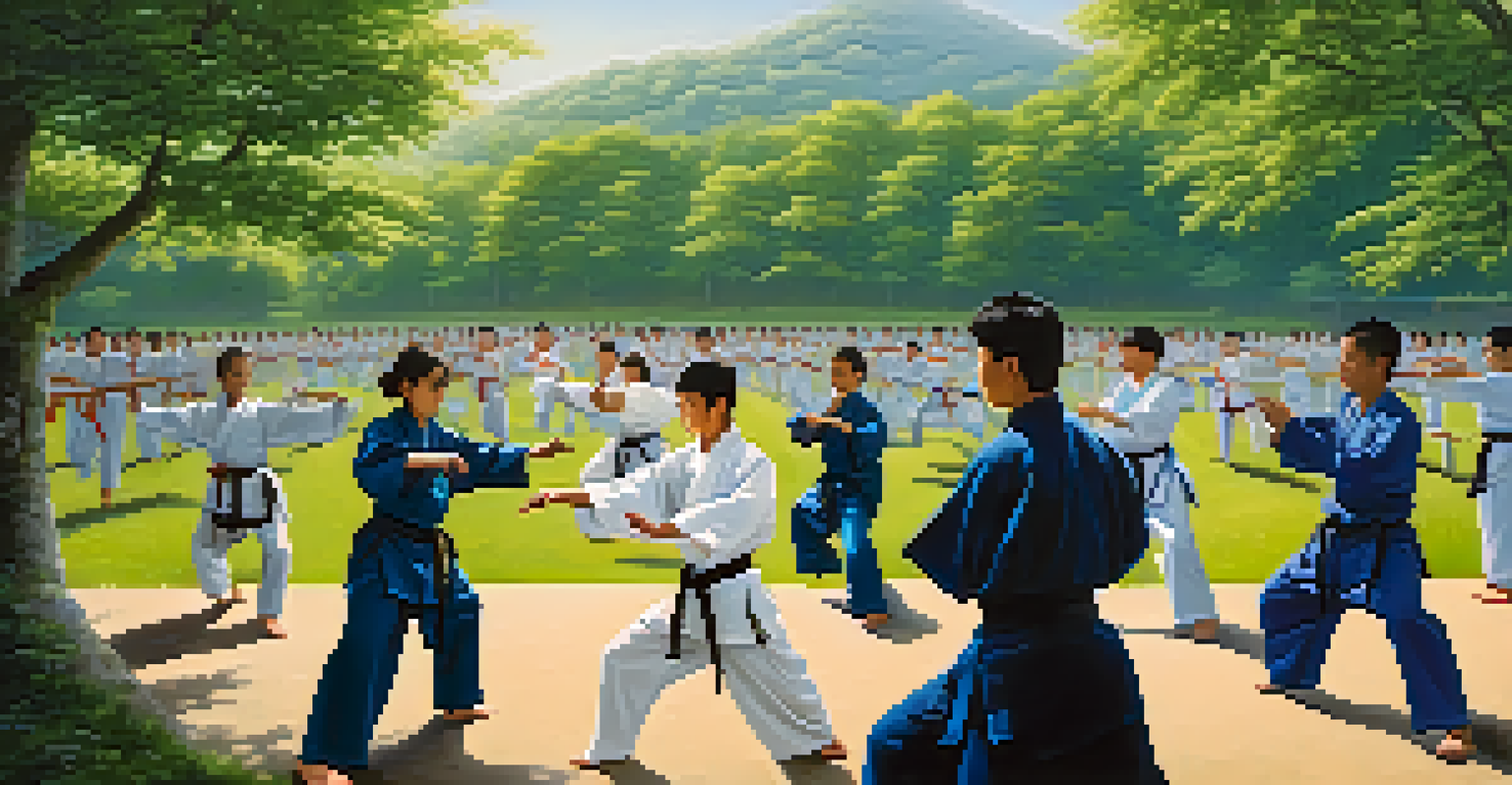 Students practicing martial arts forms outdoors under the guidance of an instructor, with a peaceful nature backdrop.