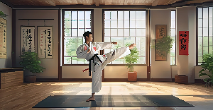 A martial artist performing dynamic stretches in a bright training studio with wooden floors and large windows.