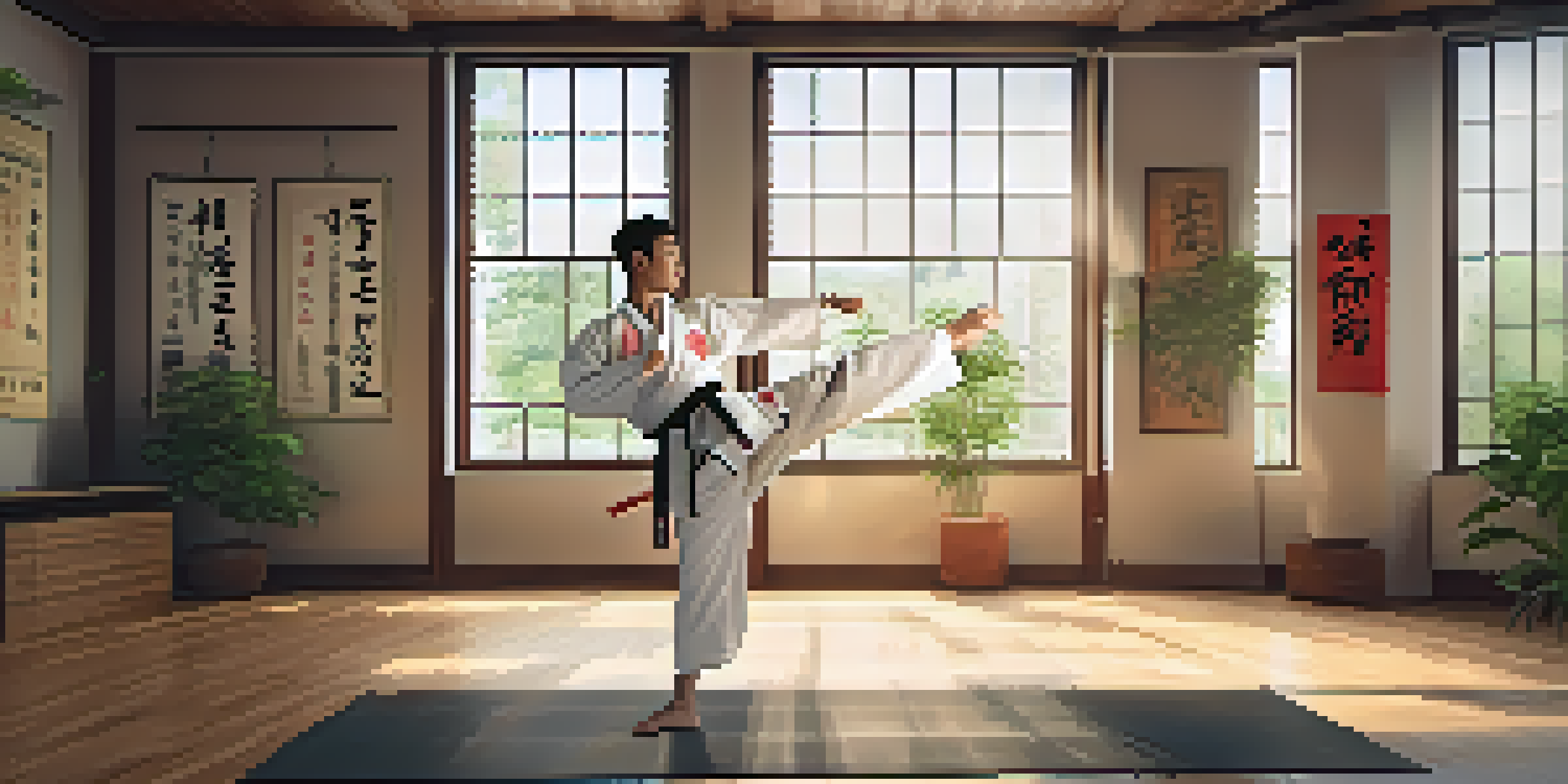 A martial artist performing dynamic stretches in a bright training studio with wooden floors and large windows.