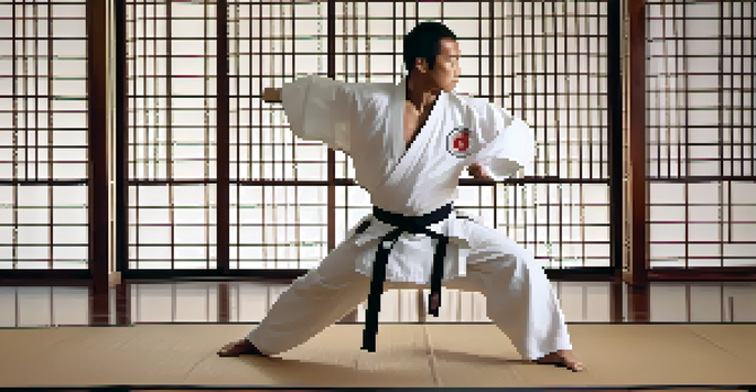 A martial artist in a front stance inside a dojo, wearing a white gi and black belt, demonstrating balance.