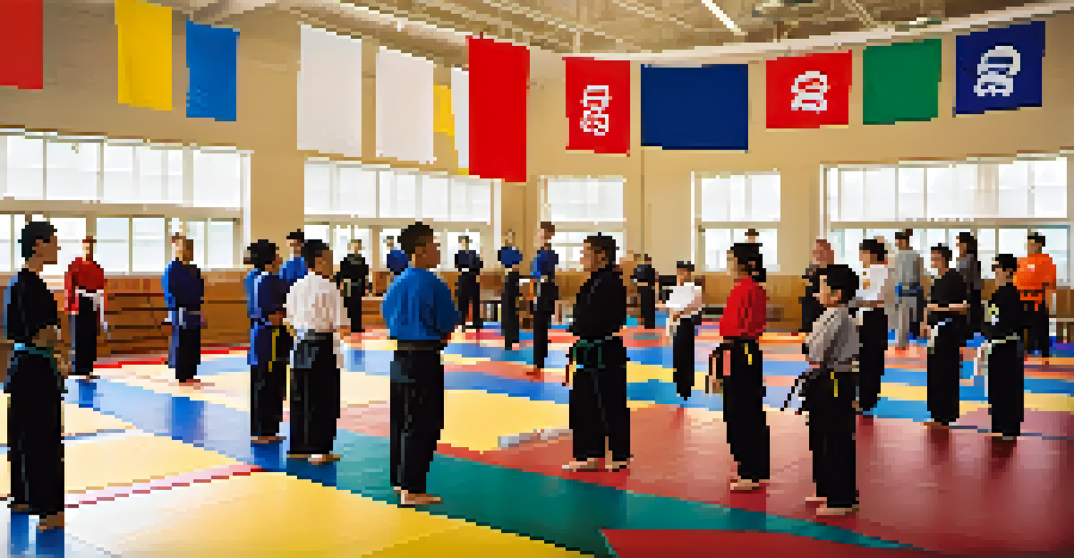 A lively martial arts seminar with participants discussing ethics and a mentor demonstrating techniques, surrounded by colorful banners.