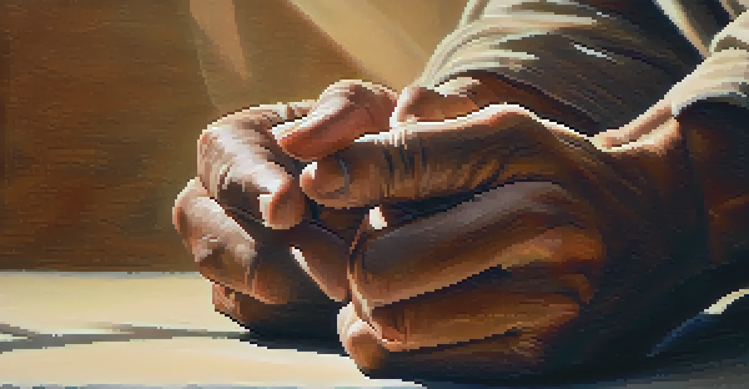 A close-up view of a martial artist's hands in a meditative position, highlighting the texture of the skin and the serene atmosphere around them.