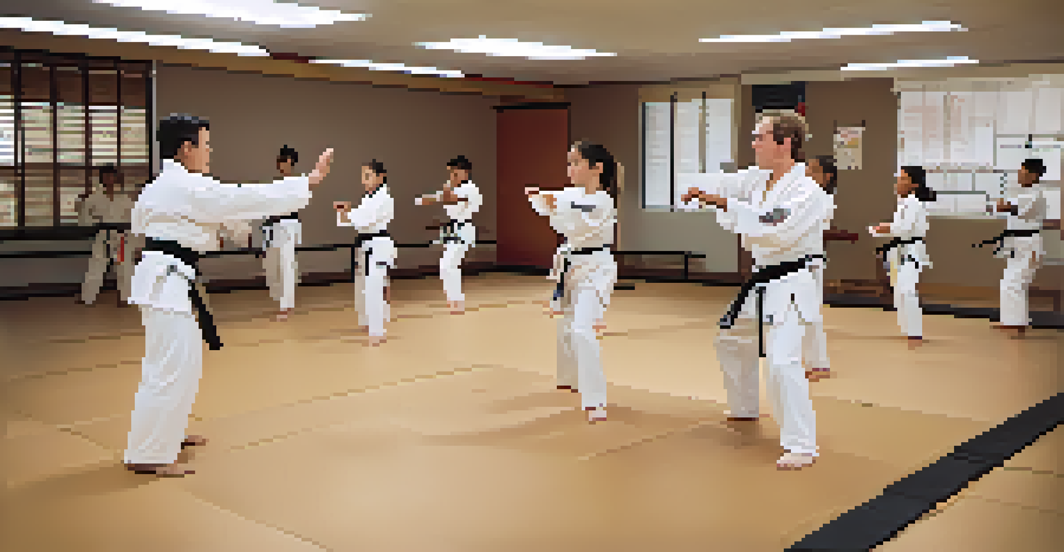 An instructor demonstrating a self-defense technique in a dojo, with students observing attentively.