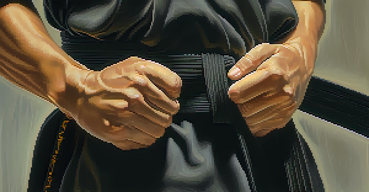 Close-up of a martial artist's hands holding a black belt, with blurred dojo equipment in the background.