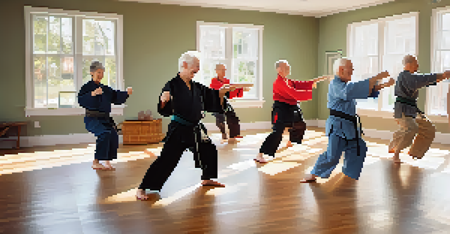 Group of seniors practicing martial arts in a bright studio, showcasing joy and togetherness.