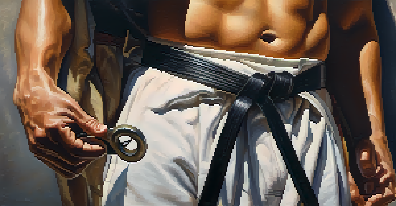 A close-up of a martial artist tying their belt, focusing on the hands and expression, symbolizing commitment.