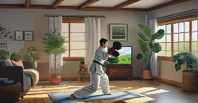 A person practicing martial arts at home with a television showing an online class, surrounded by plants and a warm atmosphere.