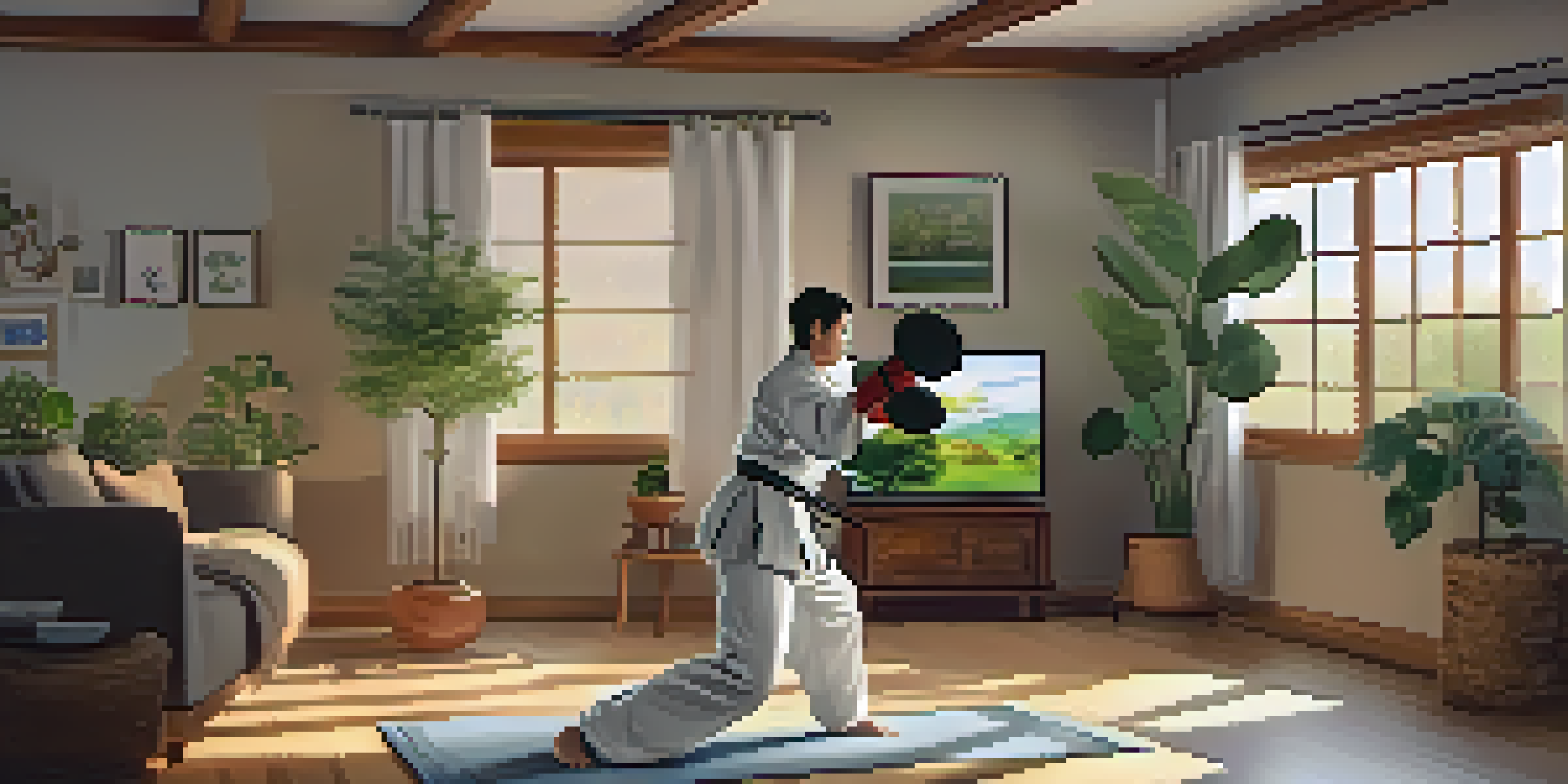 A person practicing martial arts at home with a television showing an online class, surrounded by plants and a warm atmosphere.