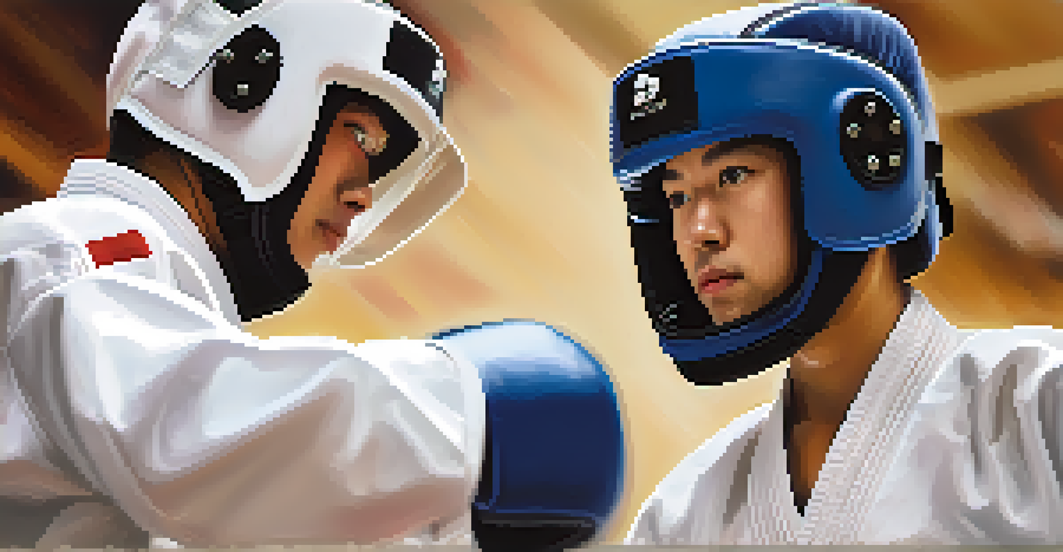 Two Taekwondo practitioners sparring respectfully with protective gear.