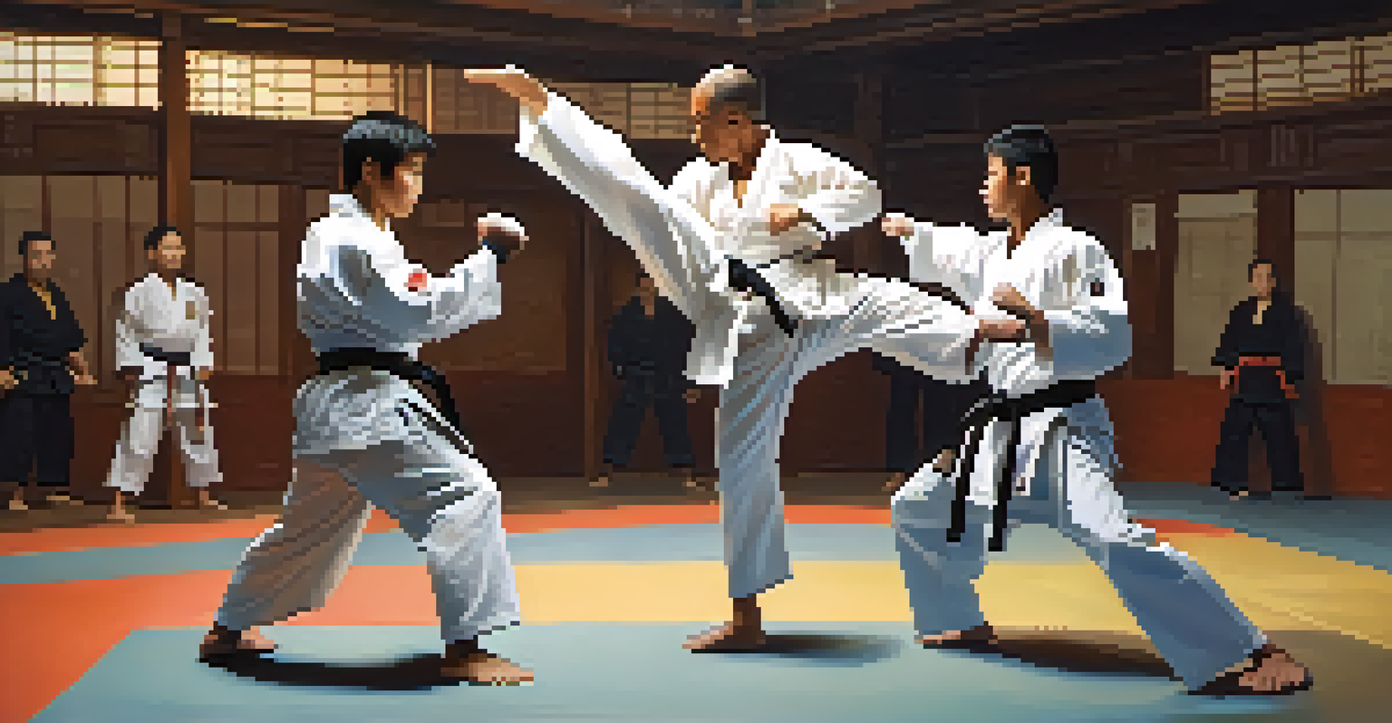 Two martial artists sparring dynamically in a dojo, showcasing intense movements and a supportive atmosphere.