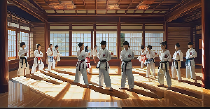 A peaceful dojo with students practicing karate, sunlight illuminating the room and showcasing diverse practitioners in traditional uniforms.