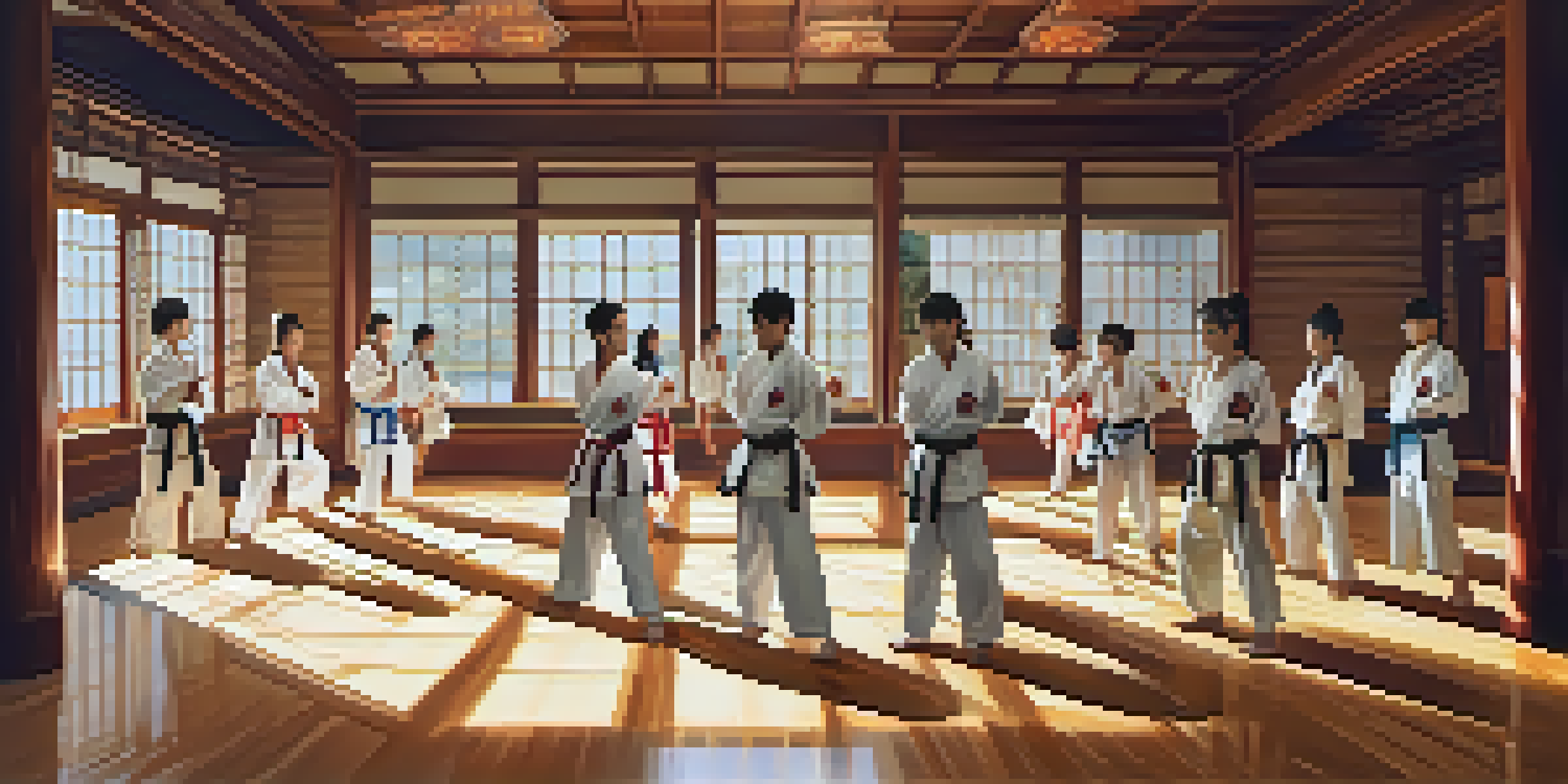 A peaceful dojo with students practicing karate, sunlight illuminating the room and showcasing diverse practitioners in traditional uniforms.