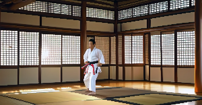 A martial artist in a white gi practicing a kata in a serene dojo with wooden flooring and traditional Japanese decor, illuminated by soft sunlight.