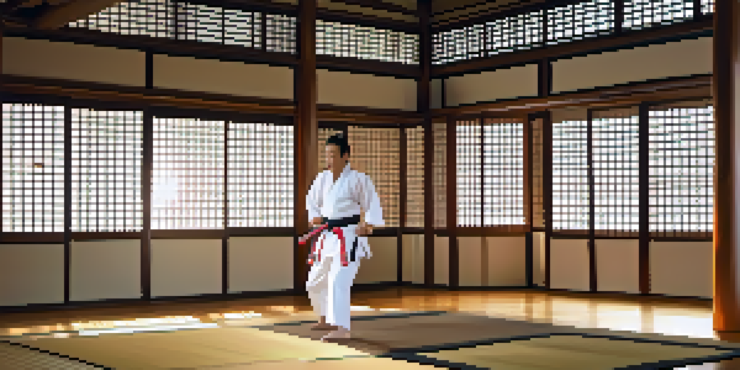 A martial artist in a white gi practicing a kata in a serene dojo with wooden flooring and traditional Japanese decor, illuminated by soft sunlight.