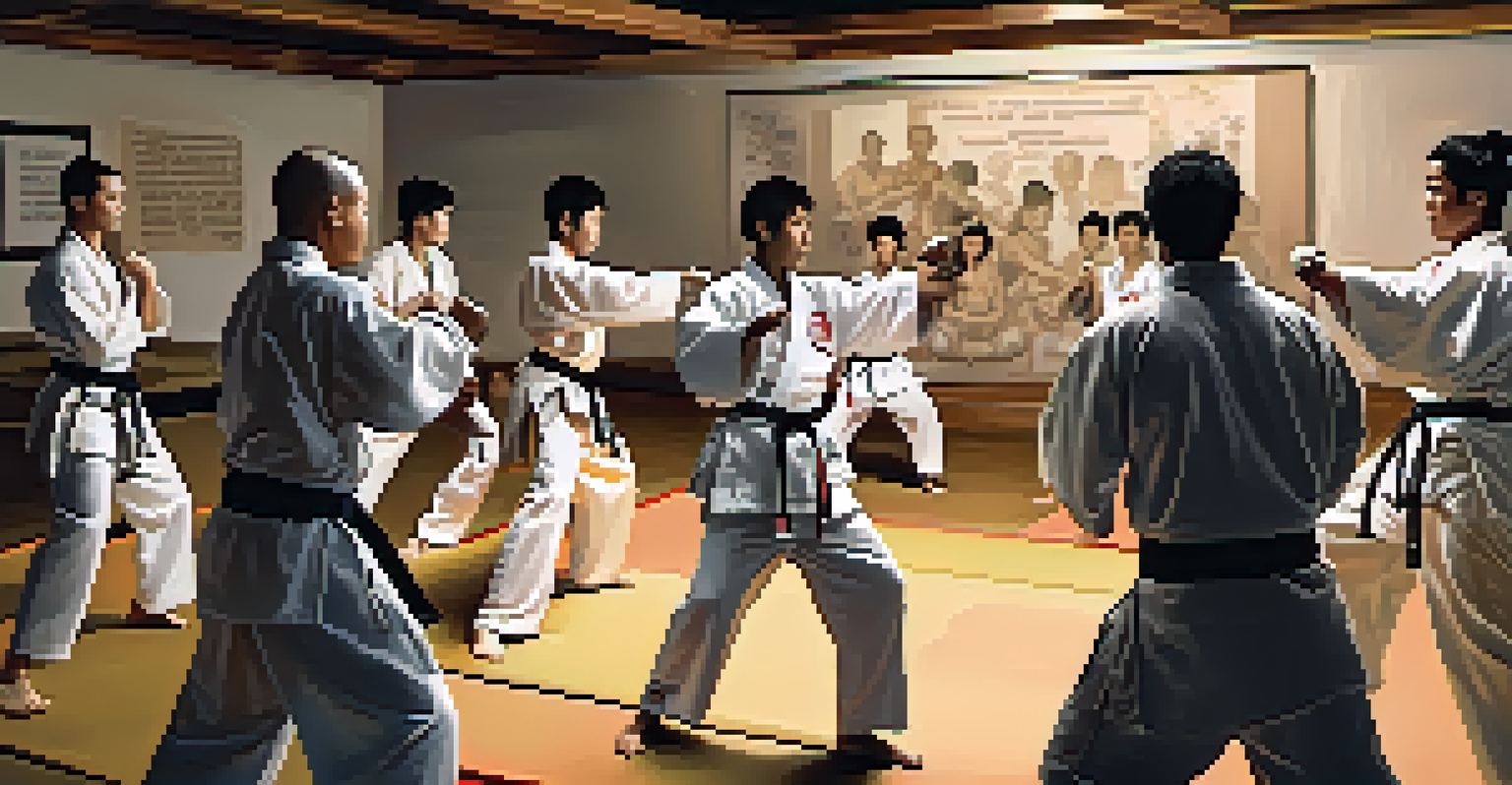 A diverse group of martial arts students practicing together in a dojo, showcasing teamwork and camaraderie.