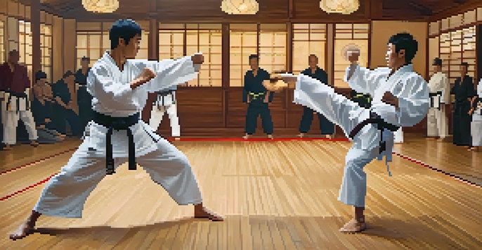 Two martial artists sparring in a well-lit dojo, showcasing their techniques and body language.