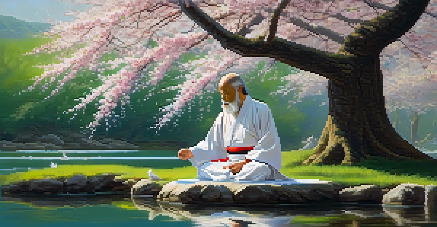 An ancient martial arts master meditating in a serene garden surrounded by cherry blossom trees and a flowing stream.