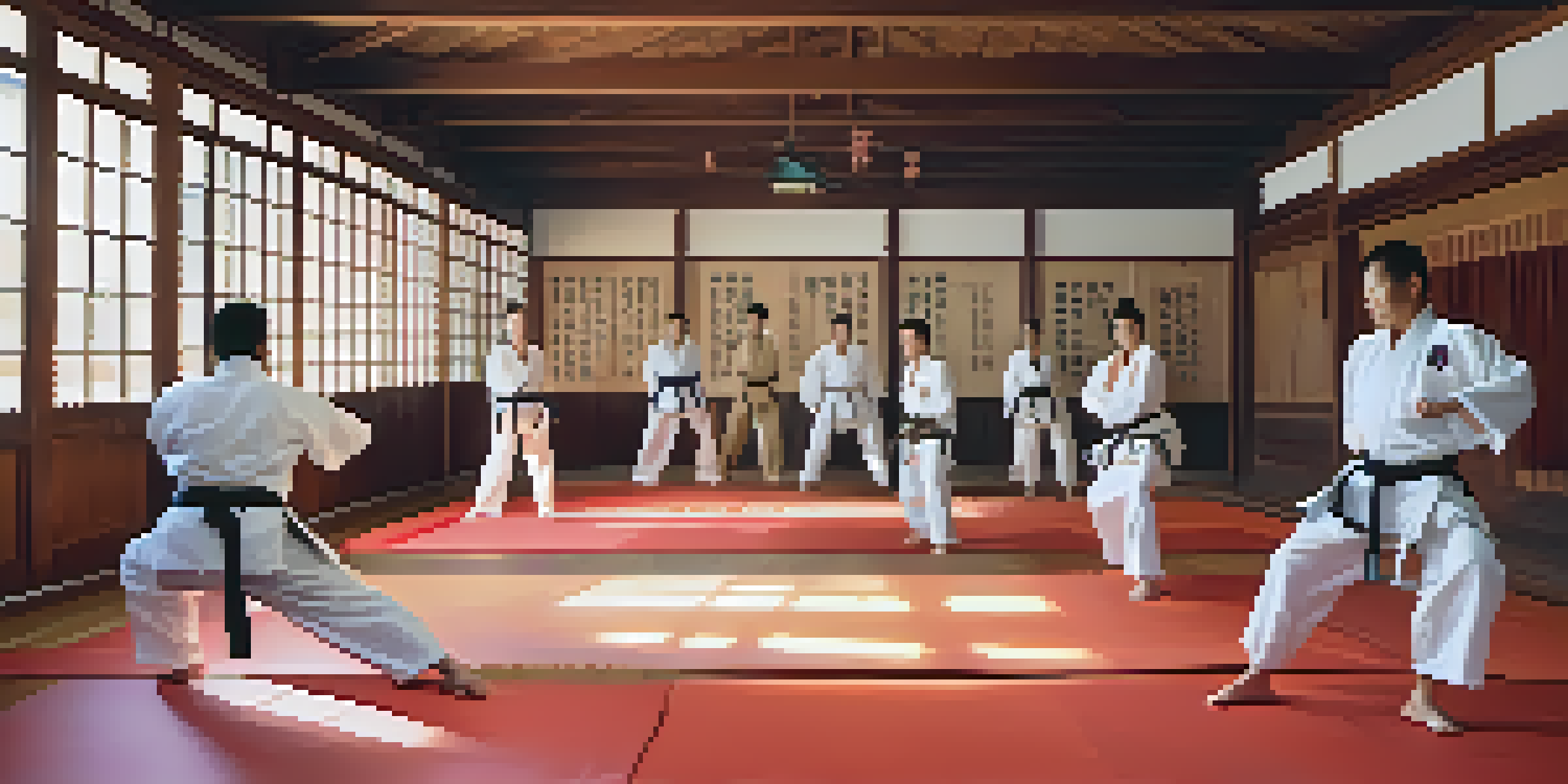 A diverse group of martial arts students practicing techniques in a dojo, with natural light illuminating the space and colorful uniforms.
