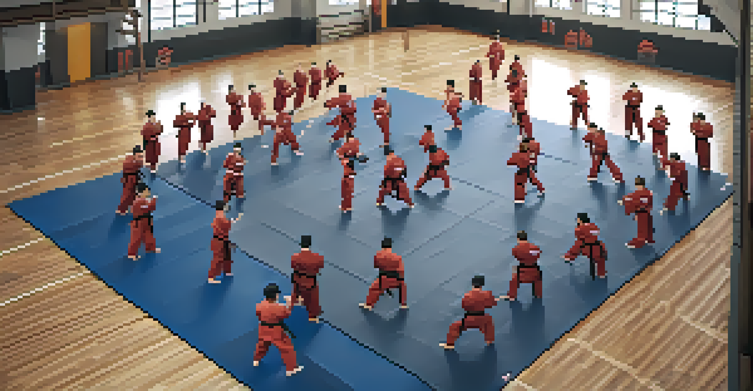 An overhead view of martial arts students practicing techniques in pairs on training mats.