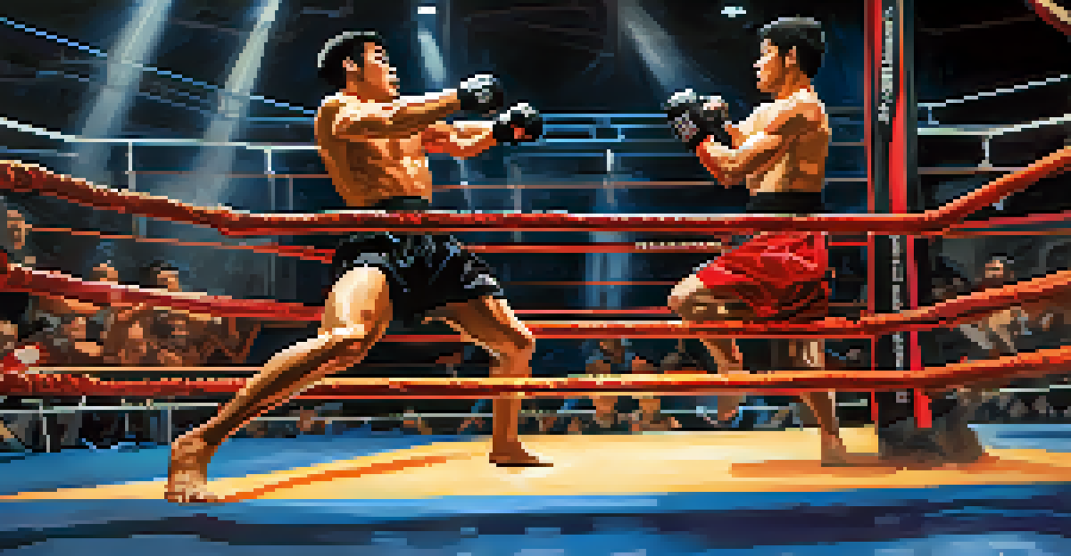 A modern martial arts tournament in a cage, featuring fighters grappling amid an energetic crowd and bright lights.