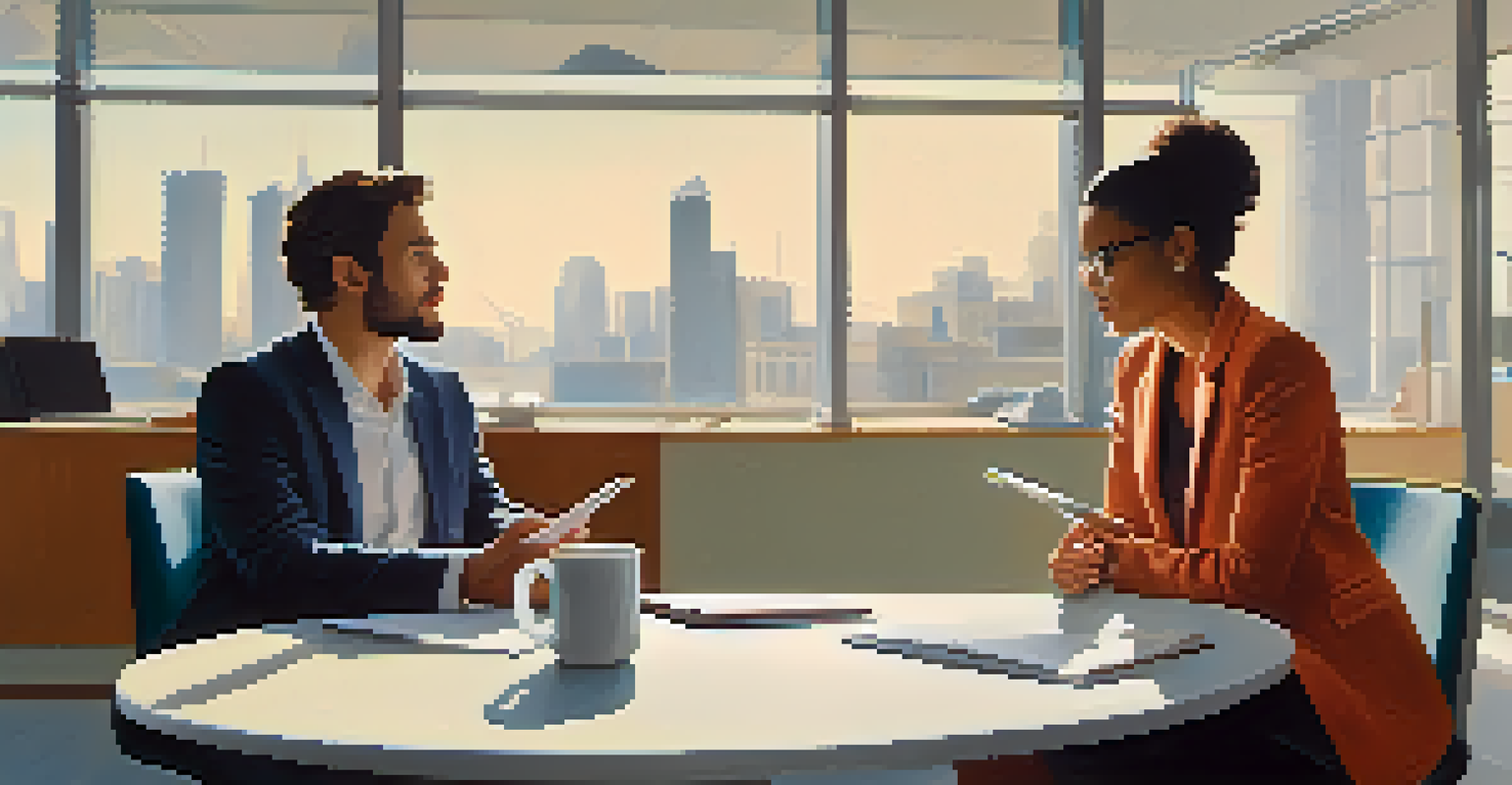 Two individuals discussing conflict resolution in a modern office, one listening attentively while the other speaks.