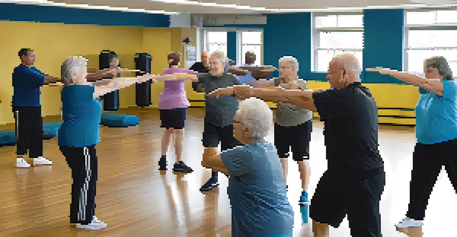 An instructor teaching self-defense techniques to older adults in a friendly gym environment.