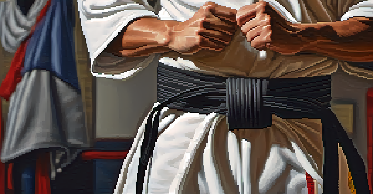A close-up of a martial artist tying their belt, highlighting focus and discipline in preparation for training.