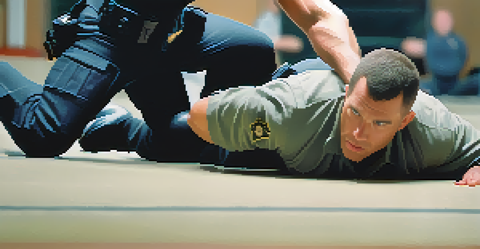 Close-up of two law enforcement officers practicing grappling techniques, displaying teamwork and skill in a training environment.