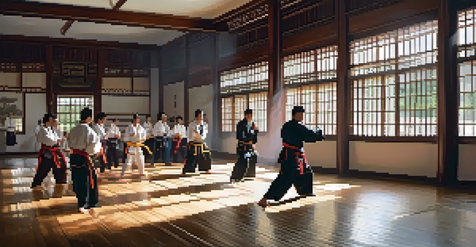 A diverse group of martial artists training in a brightly lit dojo, practicing techniques and receiving feedback from coaches.