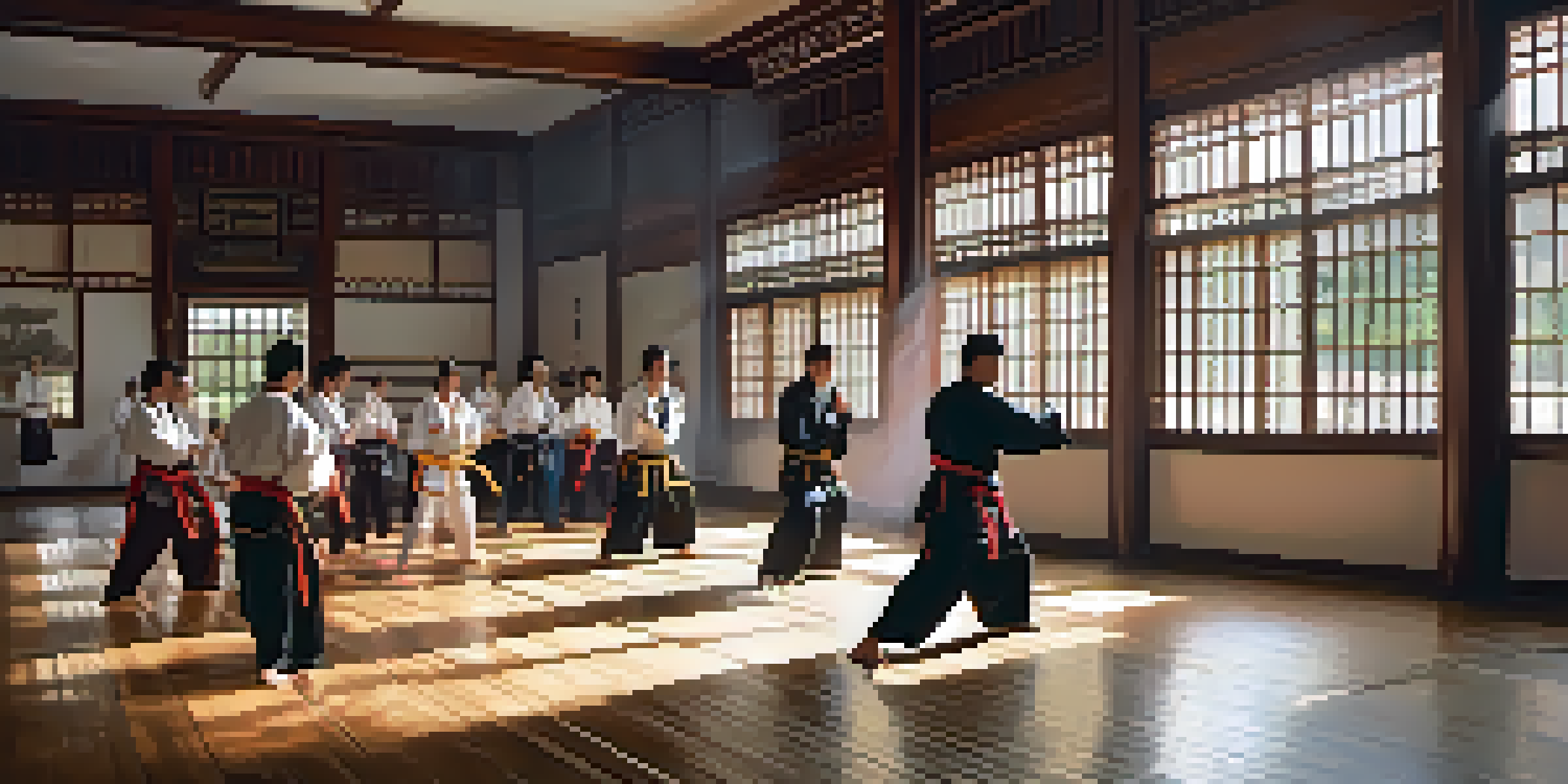 A diverse group of martial artists training in a brightly lit dojo, practicing techniques and receiving feedback from coaches.