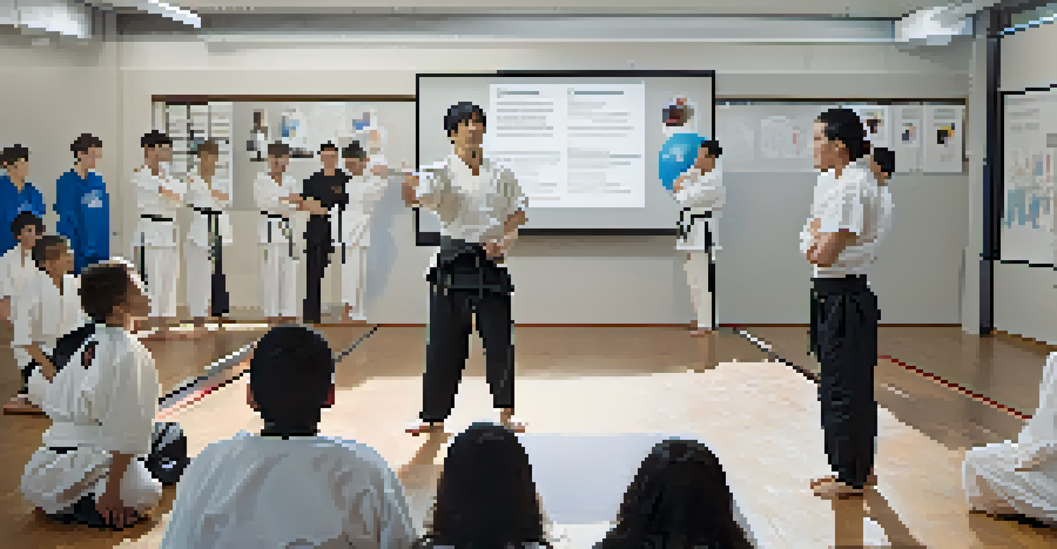 A group of martial arts students involved in a conflict resolution workshop, with one student mediating a discussion.