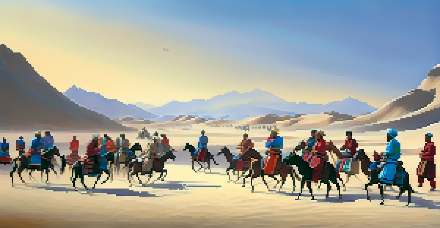 Travelers on the Silk Road exchanging martial arts techniques in a vibrant desert landscape.
