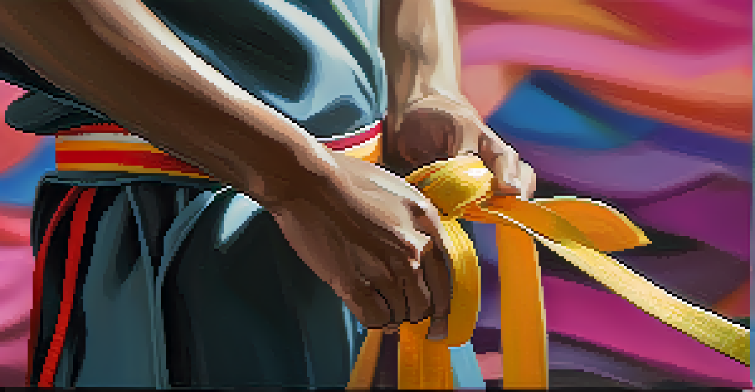A close-up of a young martial artist tying a colored belt, symbolizing achievement, with a soft background focus.