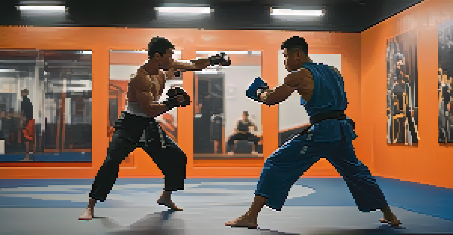 Two martial artists sparring in a modern gym, one punching and the other defending, surrounded by training mats.