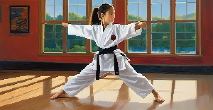 A young girl practicing karate in a brightly lit dojo, showcasing determination and focus.