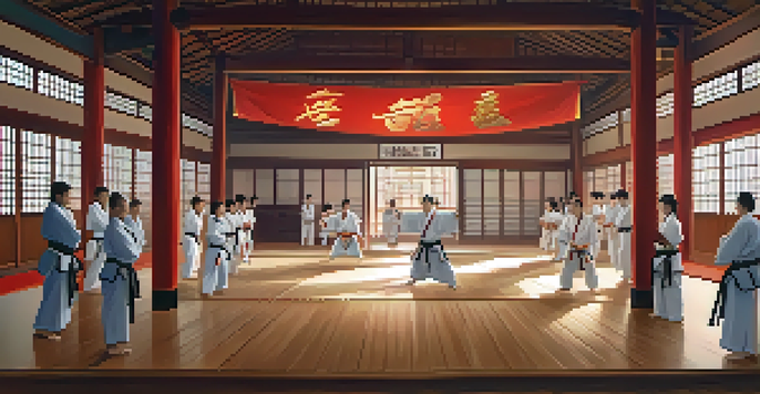 A diverse group of martial artists practicing in a serene dojo, showcasing focus and determination.