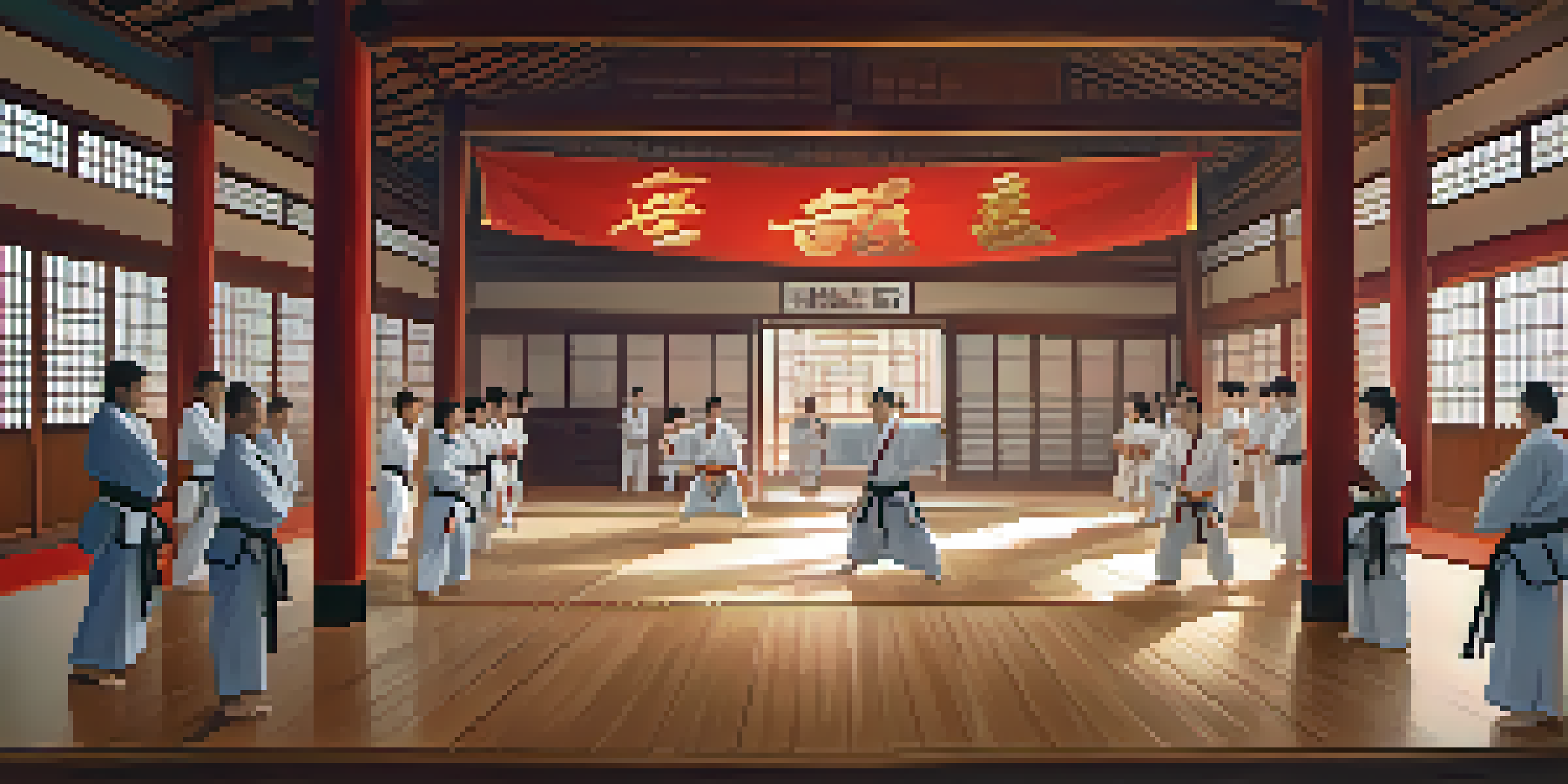 A diverse group of martial artists practicing in a serene dojo, showcasing focus and determination.