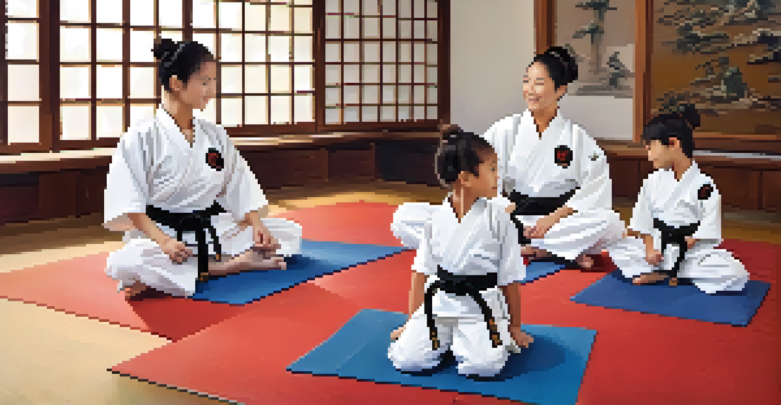 A family of four practices martial arts together in a dojo, sharing smiles and encouragement while training.