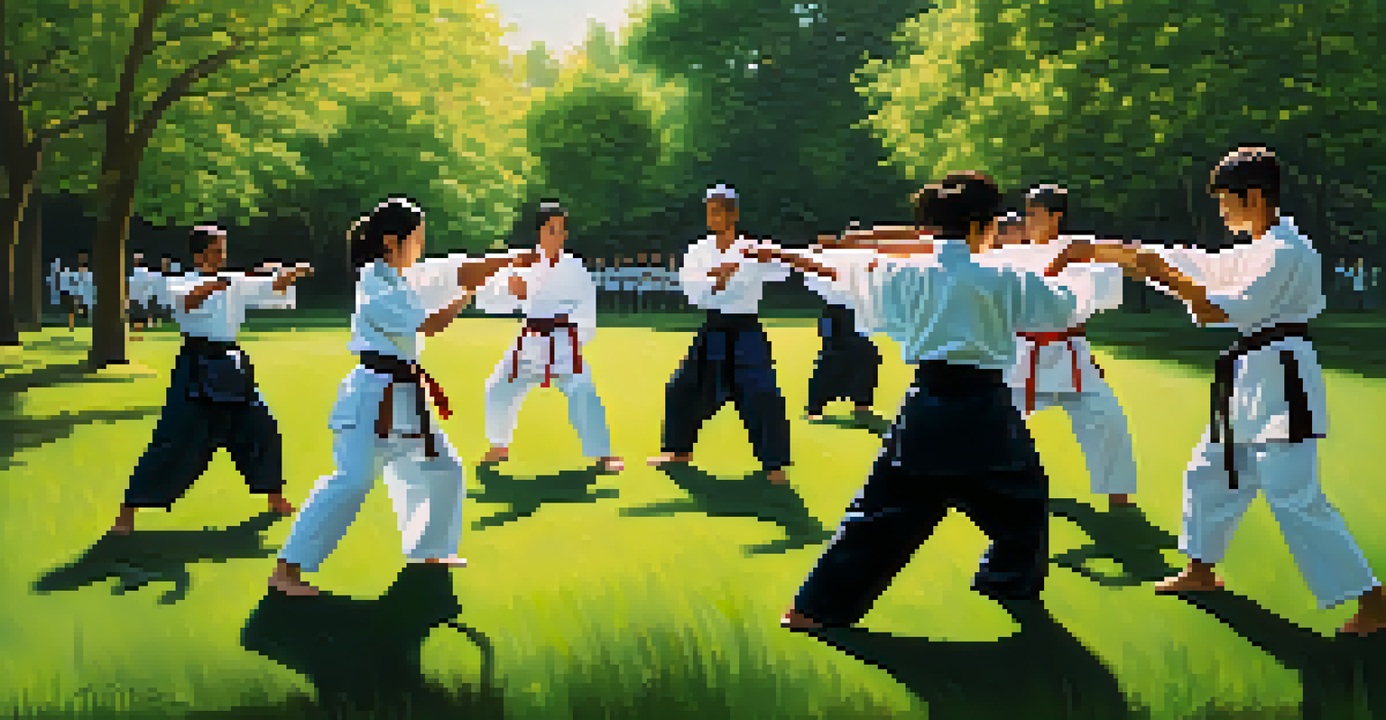 A diverse group of martial arts students practicing techniques in a sunny park environment.