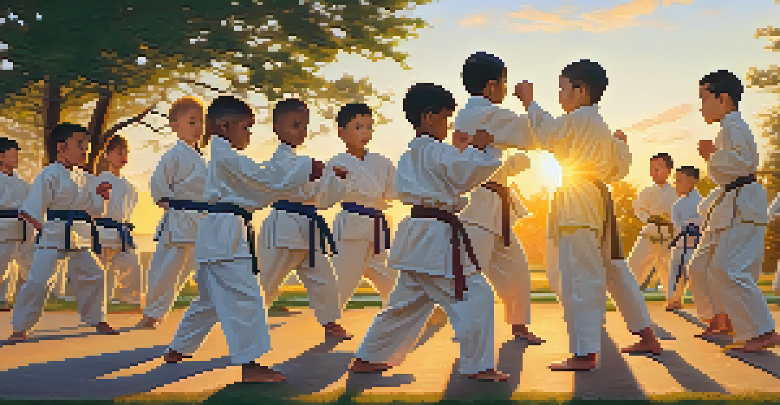 A diverse group of martial artists training together in a park during sunset, showcasing teamwork and determination.
