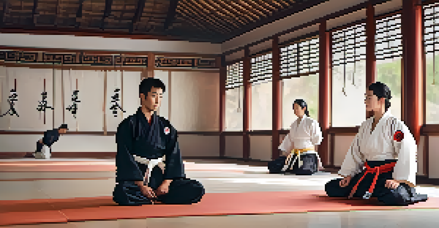 An instructor giving feedback to a student in a martial arts class, with a serene atmosphere and traditional decorations in the background.