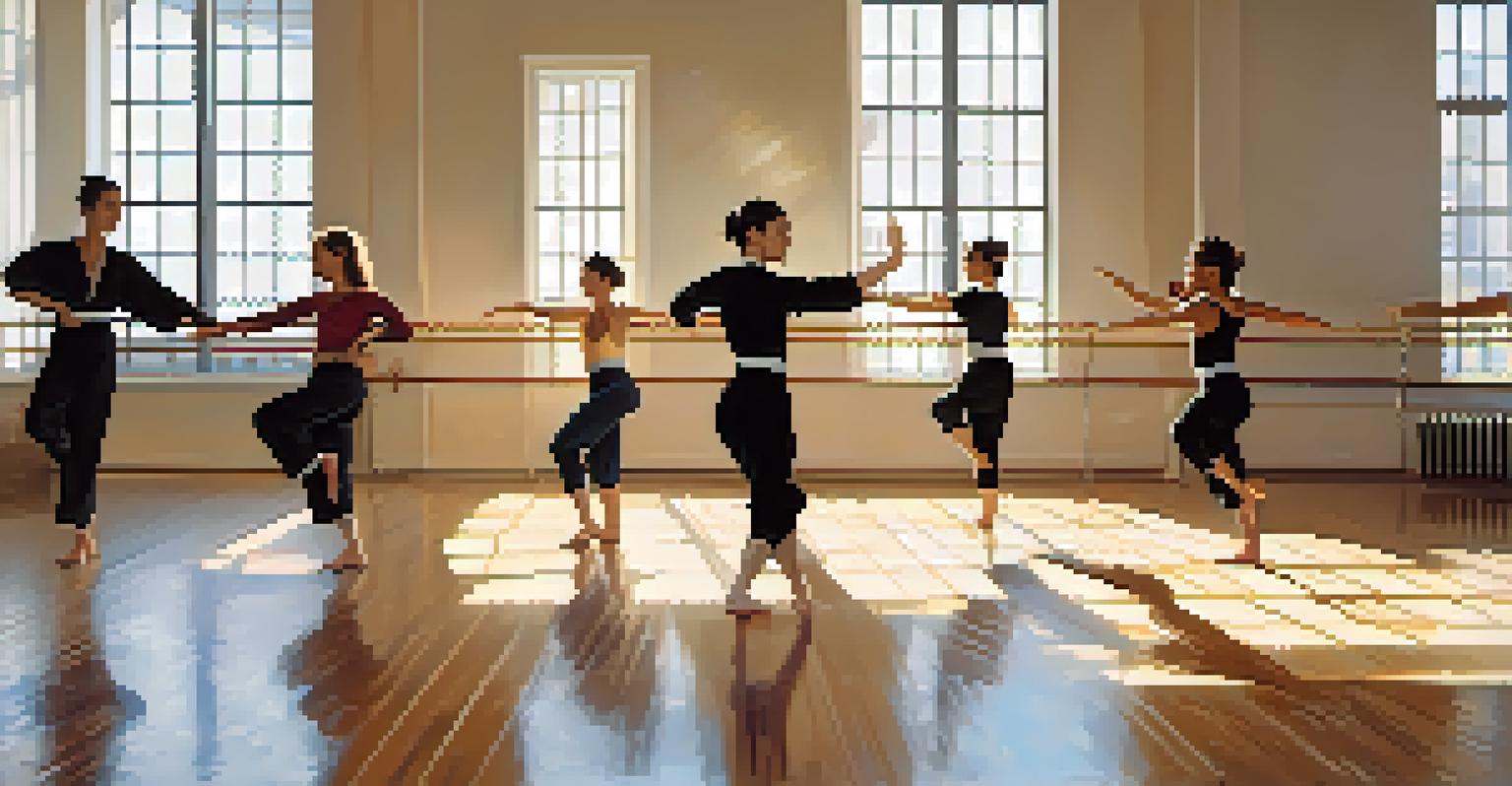 Dancers practicing choreography inspired by martial arts in a bright studio, showcasing their strength and grace.