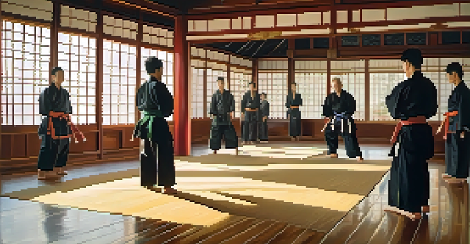 A bright martial arts dojo with practitioners in uniforms practicing techniques, sunlight streaming through windows, and polished wooden floors.