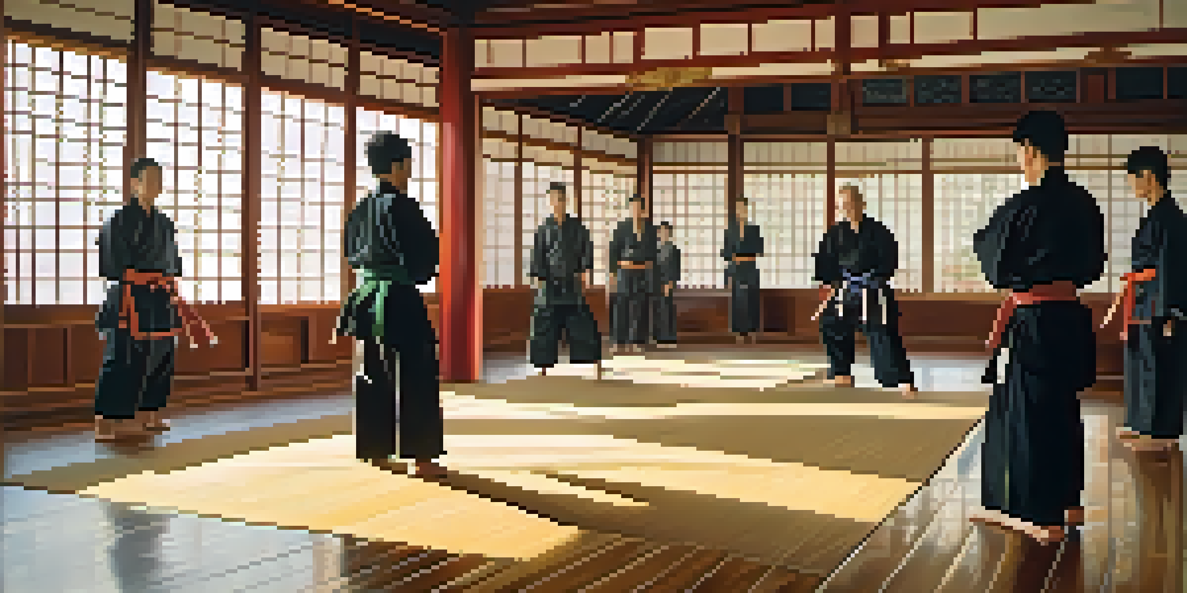A bright martial arts dojo with practitioners in uniforms practicing techniques, sunlight streaming through windows, and polished wooden floors.