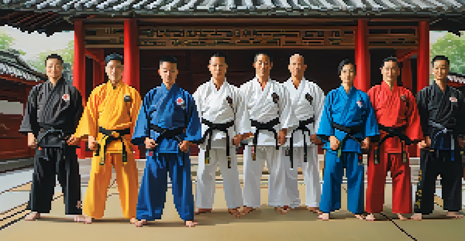 A diverse group of martial artists bowing before entering the dojo, showcasing unity and respect.